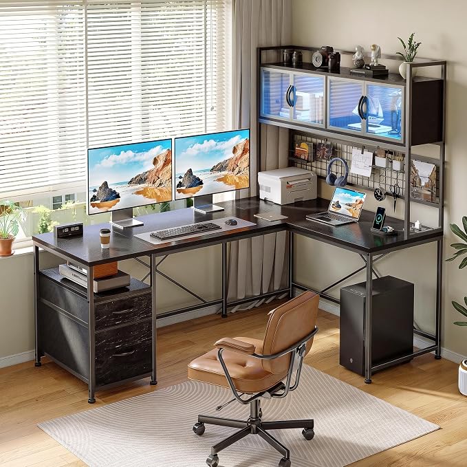 DurayLoly 67" L Shaped Gaming Corner Desk with LED Light, Hutch,Black | Reversible Computer Desk with 2 Drawers,Storage Shelves,Pegboard with 3 Hooks,Power Outlet for Home Office,Bedroom - Image 3
