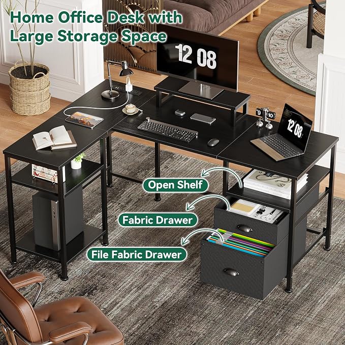 Furologee 50 Inch L Shaped Gaming Desk with Power Outlet and Drawers, Black - Image 4