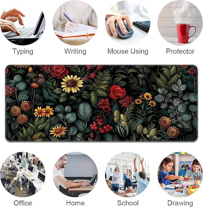 Floral Plant Desk Mat, XL 31.5"x11.8" Large Mouse Pad, Dark Flower Extended Gaming Mouse Mat,Non-Slip Rubber Base Waterproof with Stitched Edges for Gaming Office Home Decor - Image 6