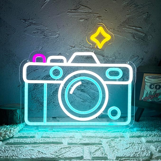 Camera Neon Sign Dimmable LED Light Up Wall Decor Multi-Color Retro Photography Studio Art Vintage Vlogger Background Accessory for Bedroom, Gaming Room, Store Photographer Gifts(13.3 * 12.2in) by Manimo