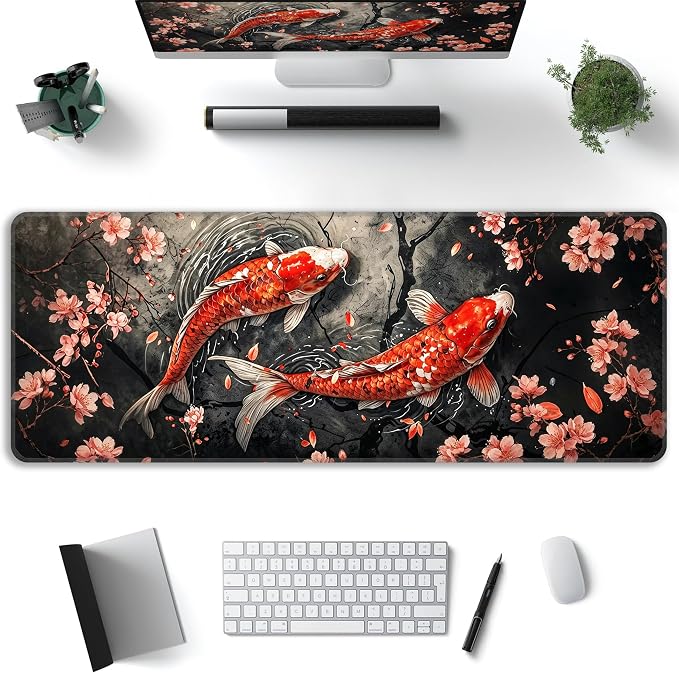 Koi Fish Desk Mat, XL 31.5"x11.8" Large Mouse Pad, Japanese Cherry Blossoms Extended Gaming Mouse Mat,Non-Slip Rubber Base Waterproof with Stitched Edges for Gaming Office Home Decor - Image 2