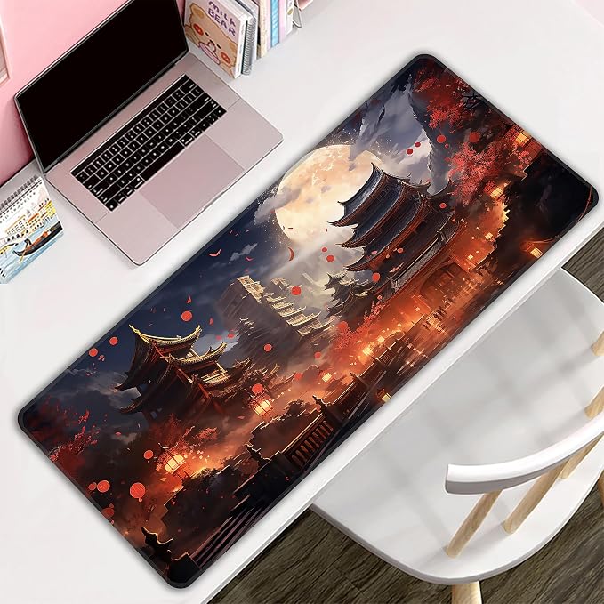 Japanese Desk Mat, XL 31.5"x11.8" Large Mouse Pad, Full Moon Extended Gaming Mouse Mat,Non-Slip Rubber Base Waterproof with Stitched Edges for Gaming Office Home Decor - Image 8