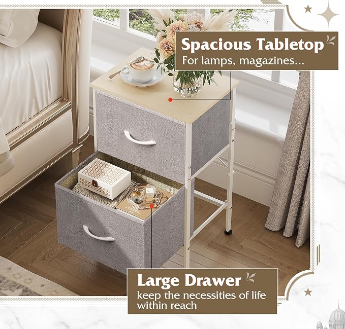 WLIVE Nightstand, Nightstand with 2 Drawers, Bedside Furniture, Night Stand, Small Dresser for Bedroom, College Dorm, End Table with Fabric Bins, Dormitory, Light Grey - Image 5