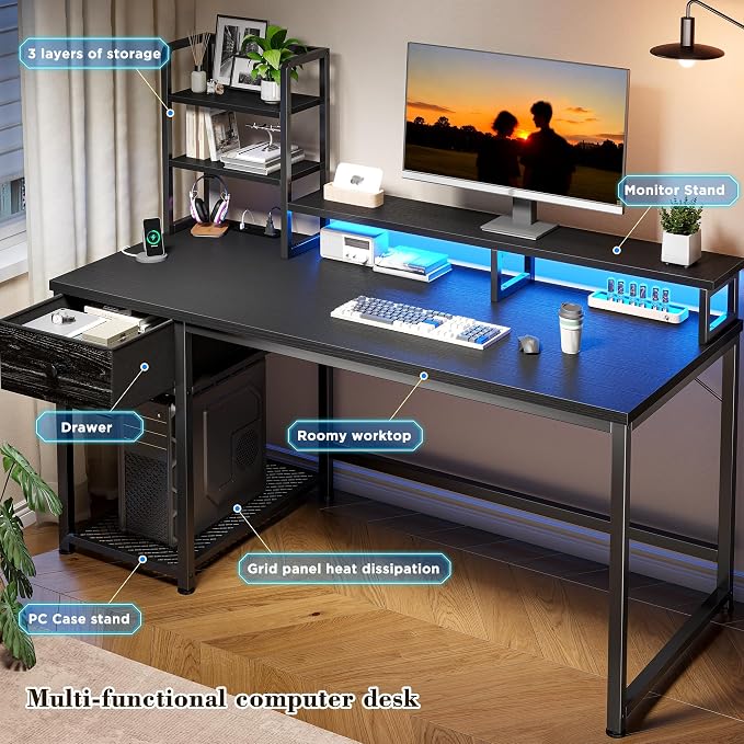 EnHomee 55 Inch Gaming Desk with Hutch and Drawers,Reversible Computer Desk with Monitor Shelf,Home Office Desks with USB Power Outlets and Storage,Pc Work Desk for Office with LED Lights,Black - Image 6