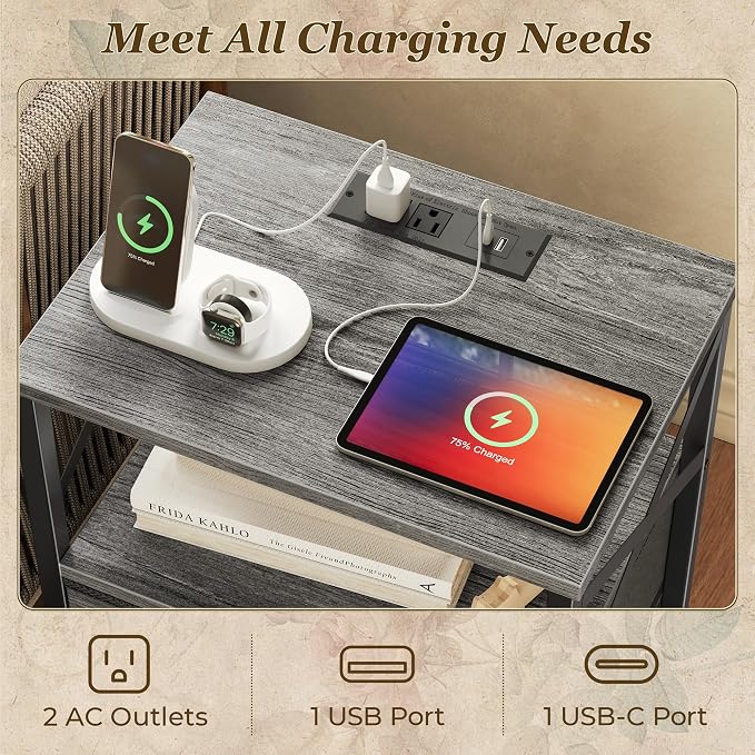 Huuger Nightstand Set of 2 with Charging Station, USB-C Port, End Tables - Image 4