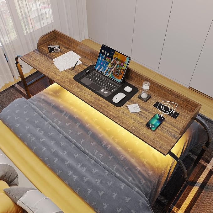 HWB Overbed Desk with Charging Station-Over Bed Table-Adjustable Length/Height with Wheels - Human Sensor LED Light Mobile Queen Size Bed Table Rolling Tray Table for Eating & Laptops, Brown by HWBEnjoywarmhome