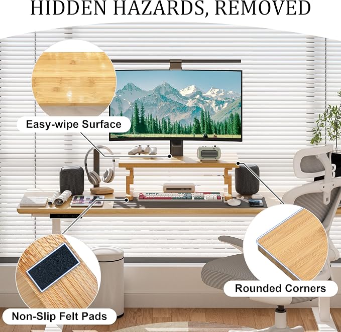 Bamboo Monitor Stand Riser for Desk with 4-Level Height Adjustment | Ergonomic Computer Riser, Desktop Organizer Shelf, Sturdy 100 lbs Support, Height Adjustable Laptop Stand, Warp-Proof, Large - Image 4