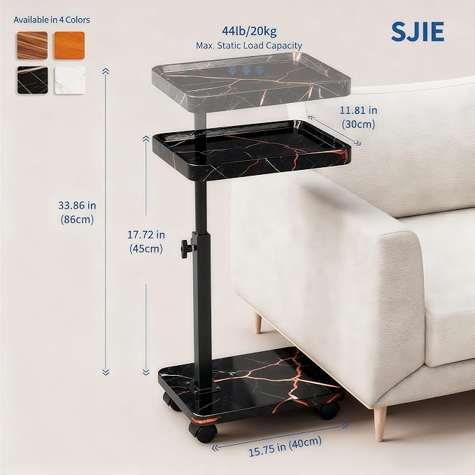 C Table End Table Adjustable Height, 360°Swivel TV Tray Table for Small Spaces, Side Tables with Wheels for Living Room and Bedroom, Bed (Black-15.7 x 11.8 inches) (Pack of 2) - Image 3