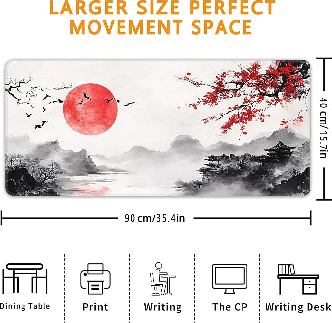 Japanese Watercolor Cherry Blossoms Desk Mat, XXL 35.4"x15.7" Large Mouse Pad, Sakura Extended Gaming Mouse Mat,Non-Slip Rubber Base Waterproof with Stitched Edges for Gaming Office Home Decor - Image 3
