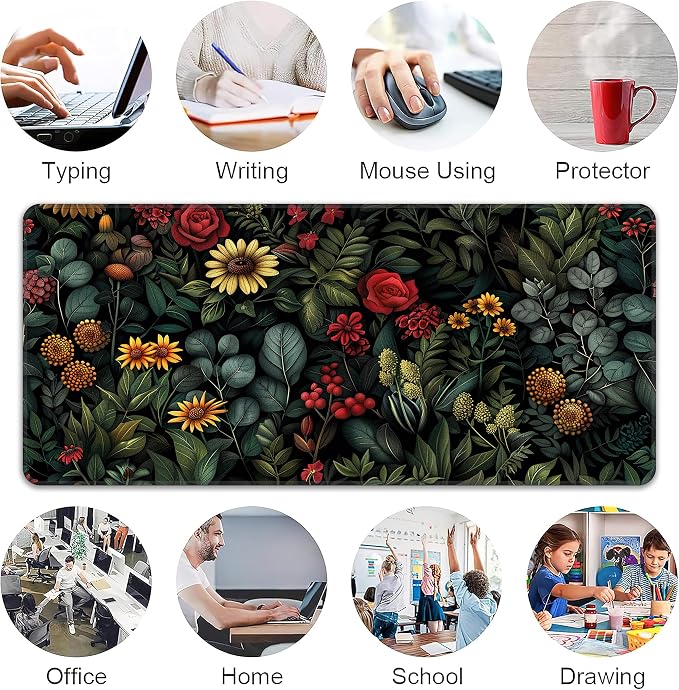 Floral Plant Desk Mat, XXL 35.4"x15.7" Large Mouse Pad, Dark Flower Extended Gaming Mouse Mat,Non-Slip Rubber Base Waterproof with Stitched Edges for Gaming Office Home Decor - Image 6