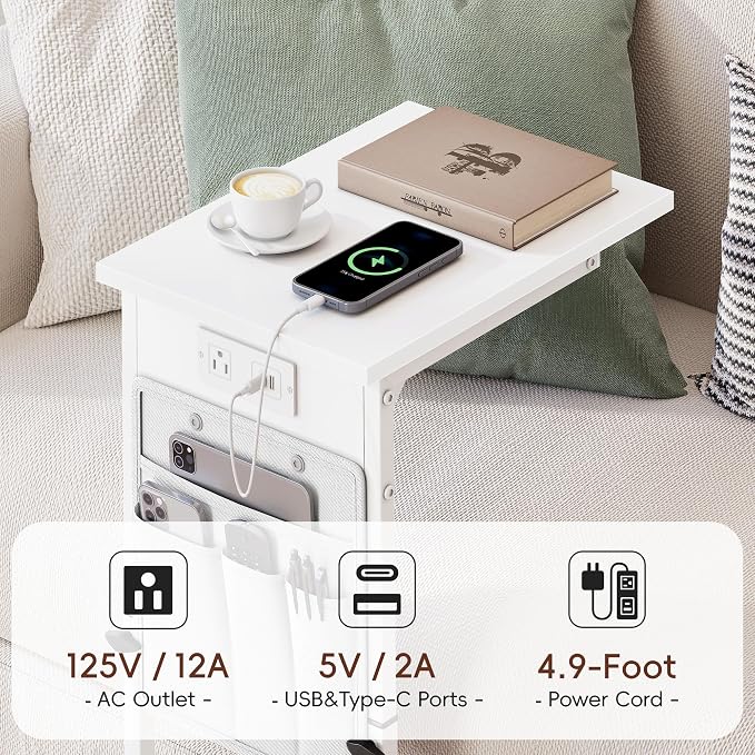 Vagusicc C Shaped End Table with Charging Station, Adjustable Height Side Table for Couch, Small Sofa Table for Small Spaces, Slide Under Sofa Table TV Tray Arm Tables for Living Room, Bedroom, White - Image 8