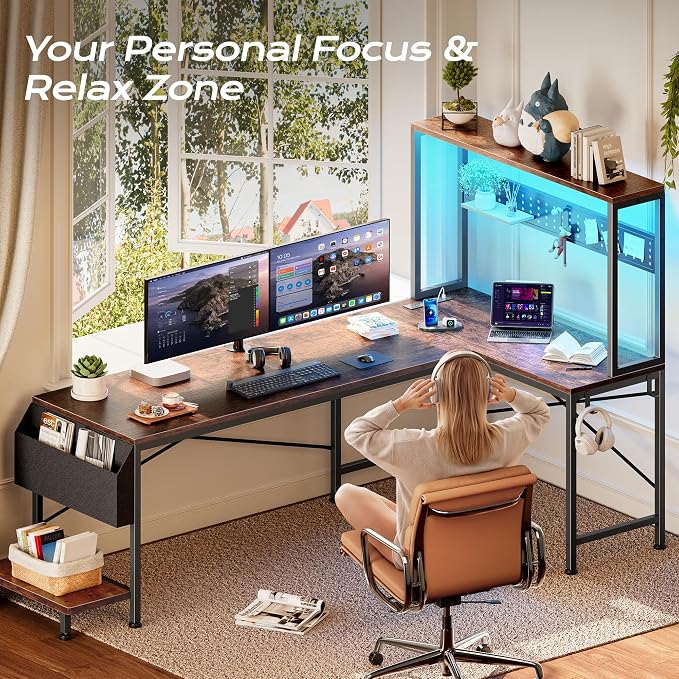 PRAISUN L Shaped Gaming Desk with LED Lights & Power Outlets | Reversible Computer Desk with Storage Shelves & Bag, Large Corner Home Office Desk for Work from Home, Rustic Brown - Image 6