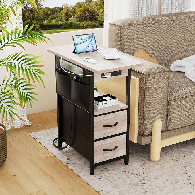 Yenlure Small Side Table with Charging Station, Narrow Nightstand Bedside Tables with Storage Pocket for Living Room Bedroom, Sofa End Table with USB Ports and Power Outlets for Small Spaces, Greige - Image 7