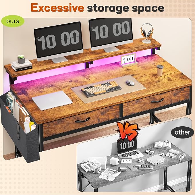DurayLoly Gaming Desk with 2Drawers & LED Lights,Space Saving,Rustic Brown - Image 6
