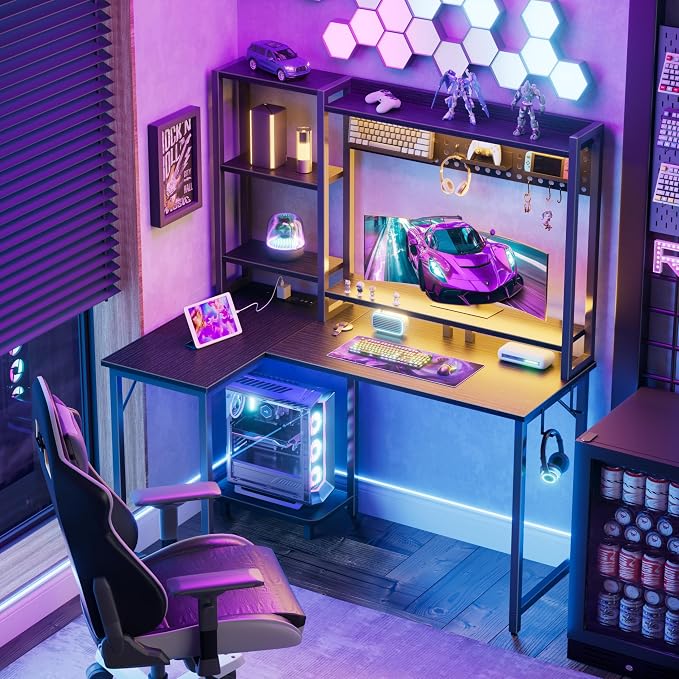 L Shaped Desk with Hutch - 48 inch Corner Computer Gaming Desks with Storage Shelves Reversible Pegboard Led Lights Power Outlets PC Monitor Stand for Bedroom, Black - Image 2
