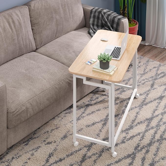 4NM 27.5" Mobile Small Rolling Computer Desk, Folding Laptop Cart Table with Wheels, Portable Office Desk for Small Space Couch Bed - Natural and White - Image 4