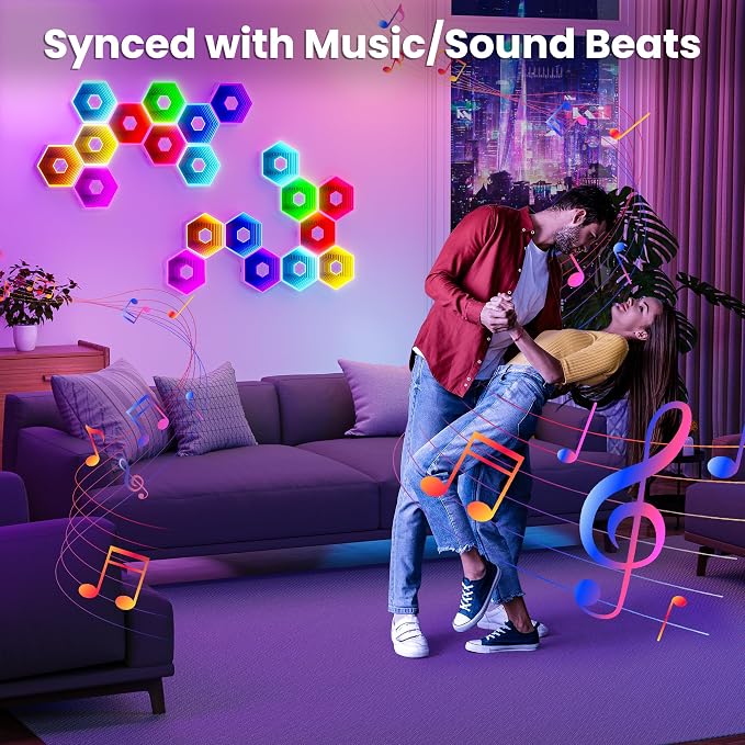 10 Pack Hexagon Led Lights, 90mm Smart Hexagon, Smart App RGB Gaming Led Light, with Remote Control & Music Sync Honeycomb Shape Hexagon Wall Lights for Bedroom, Living Room Wall - Image 5