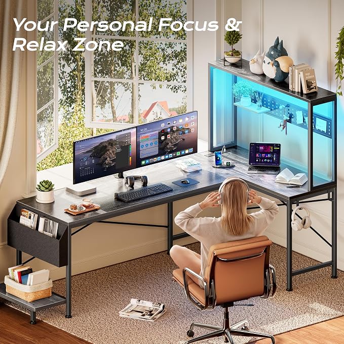 PRAISUN L Shaped Gaming Desk with LED Lights & Power Outlets | Reversible Computer Desk with Storage Shelves & Bag, Large Corner Home Office Desk with Pegboard for Work from Home, Grey - Image 6