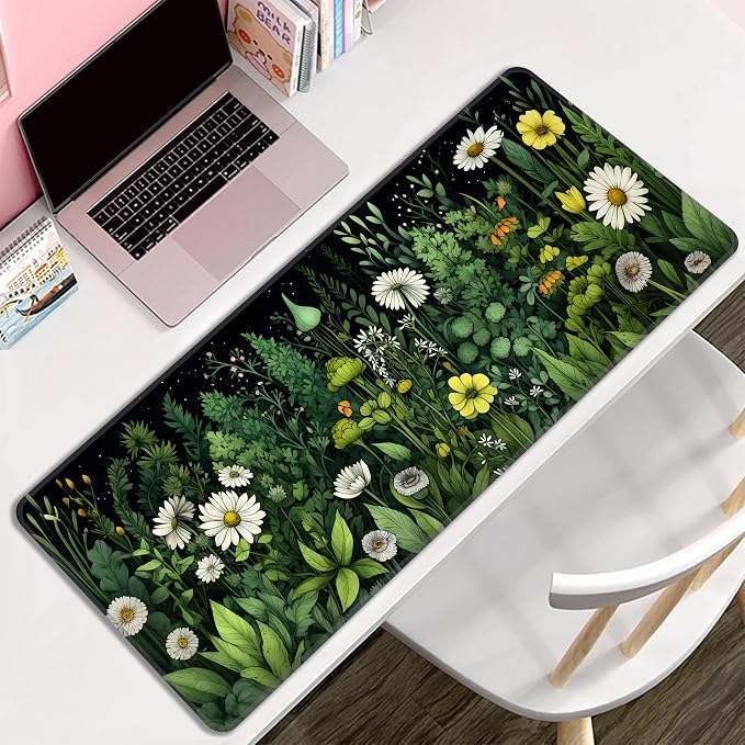 Green Vintage Plants Desk Mat, XL 31.5"x11.8" Large Mouse Pad, Wildflowers Extended Gaming Mouse Mat,Non-Slip Rubber Base Waterproof with Stitched Edges for Gaming Office Home Decor - Image 8