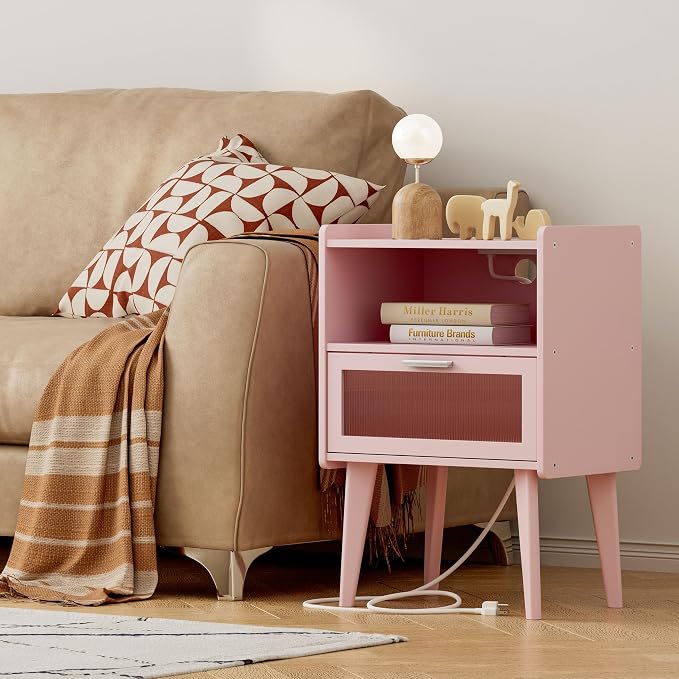 MMEOLUOOK Nightstand with Charging Station, Bedside Tables Pink End Table Side Table with 2 Tiers Storage Space, for Bedroom Living Room MLBZ07PE - Image 4