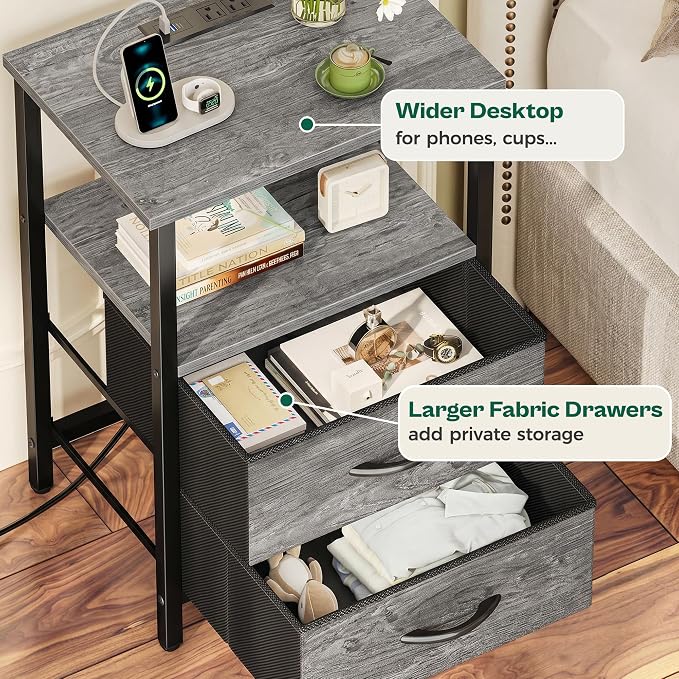 Huuger Night Stand with Charger Station and LED Lights, 2 Drawer Nightstand - Image 7
