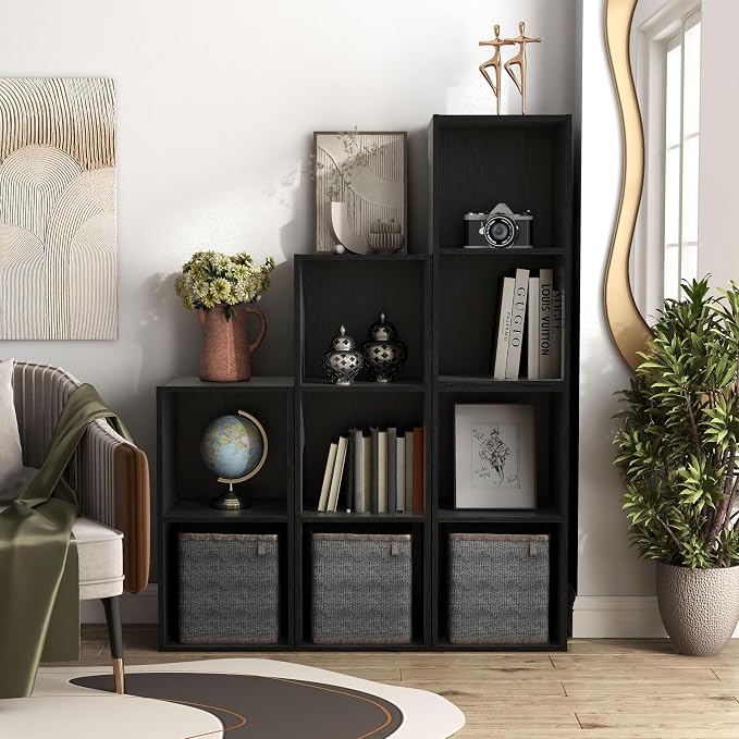 Homes: Inside + Out Apexa 3-Cube Storage Organizer Shelves, Stackable Wood Bookcase Fits Cubby Bins for Organization, Dorm Teen Room Decor & Home Office, Black - Image 11