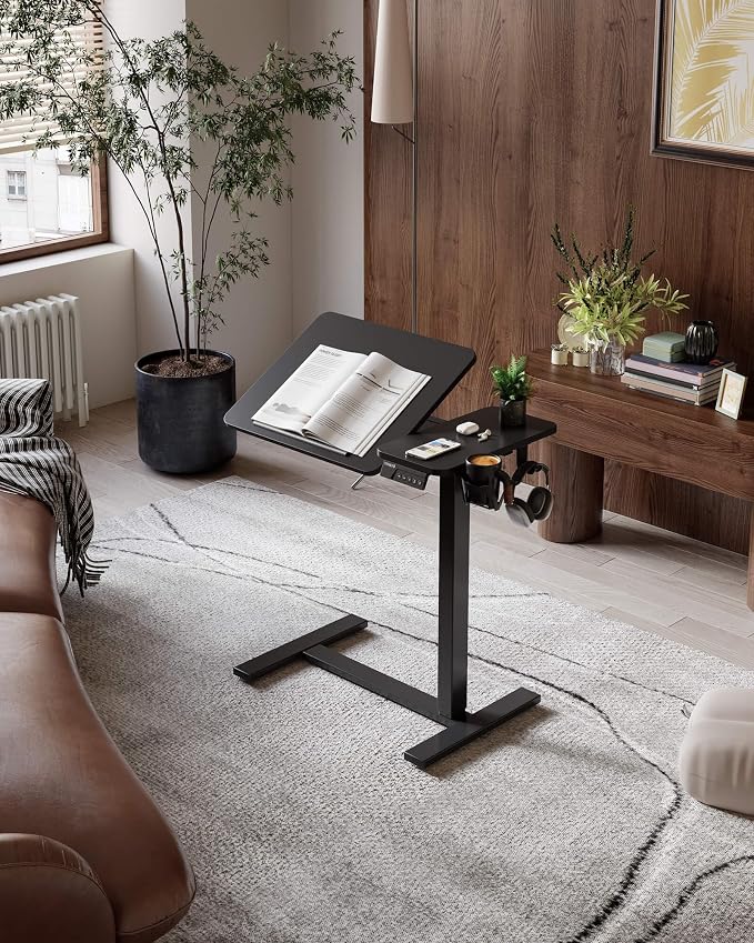 YIHAYO Adjustable Overbed Bedside Table with Wheels, 28 x 16 Inches Electric Mobile Standing Desk, Laptop Desk, Movable Overbed Tables Hospital Home Use, Black - Image 2
