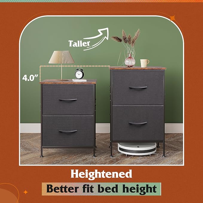WLIVE Nightstand, Nightstand with 2 Drawers, Bedside Furniture, Night Stand, Small Dresser for Bedroom, College Dorm, End Table with Fabric Bins, Dormitory, Black and Rustic Brown - Image 4