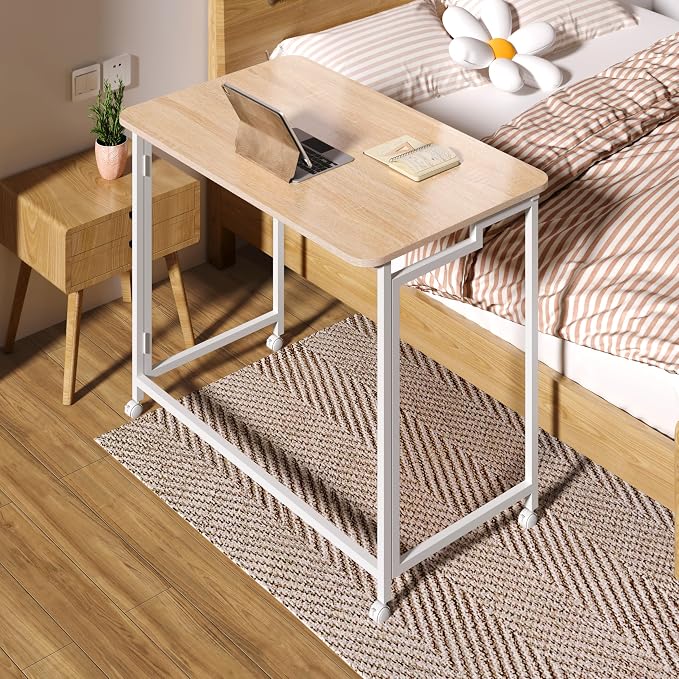 4NM 27.5" Mobile Small Rolling Computer Desk, Folding Laptop Cart Table with Wheels, Portable Office Desk for Small Space Couch Bed - Natural and White - Image 2