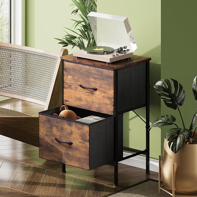 WLIVE Night Stand, Small Dresser with 2 Drawers & Wooden Top, Nightstand with Fabric Bins, Bedside Table End Table for Bedroom, Closet, Entryway, College Dorm, Rustic Brown - Image 2