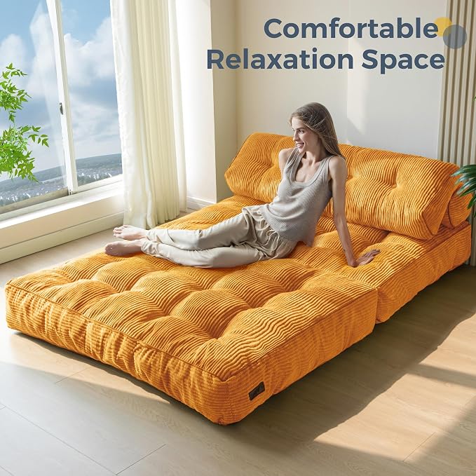 MAXYOYO Folding Sofa Bed, Convertible Chair Bed with Pillow | Foldable Couch with Back Support, Portable Fold Out Chair Comfy Floor Sofa for Living Room Bedroom, Orange, Double - Image 3