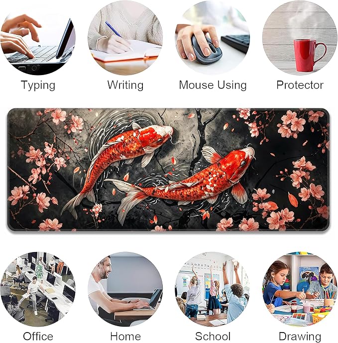 Koi Fish Desk Mat, XL 31.5"x11.8" Large Mouse Pad, Japanese Cherry Blossoms Extended Gaming Mouse Mat,Non-Slip Rubber Base Waterproof with Stitched Edges for Gaming Office Home Decor - Image 6