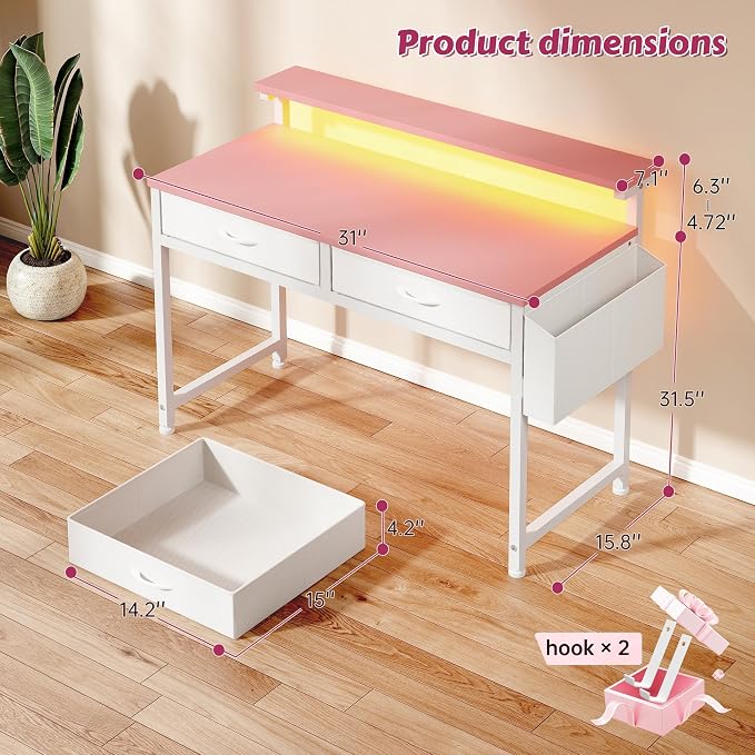 DurayLoly 31Inch Small Computer Desk with LED Lights & 2 Fabric Drawers - Image 4