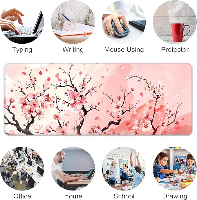 Pink Cherry Blossom Desk Mat, XL 31.5"x11.8" Large Mouse Pad, Cute Sakura Extended Gaming Mouse Mat,Non-Slip Rubber Base Waterproof with Stitched Edges for Gaming Office Home Decor - Image 6
