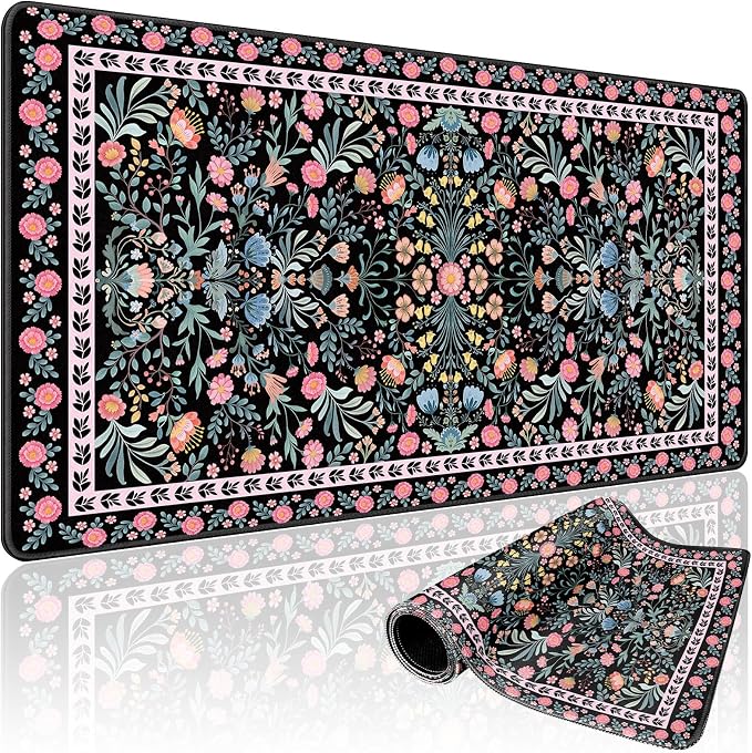 Black Floral Desk Mat Large Mouse Pad 31.5"x15.7" Non-Slip | Extended Mousepad, Non-Slip Rubber Base , Stitched Edges, for Computer/Laptop/Office/Home by Mcapirivo