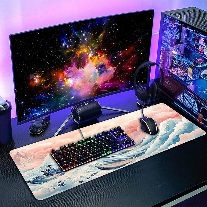Japanese Sea Wave Desk Mat, XL 31.5"x11.8" Large Mouse Pad, Pink Clouds Extended Gaming Mouse Mat,Non-Slip Rubber Base Waterproof with Stitched Edges for Gaming Office Home Decor - Image 7