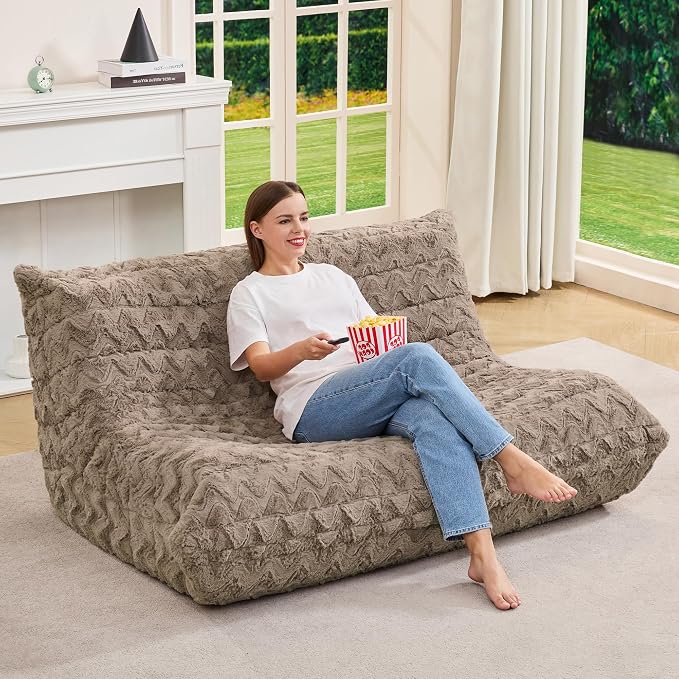 Hobestluk Large Bean Bag Chairs for Adults Fireside BeanBag Couch Togo Sofa | Ergonomic Design,Memory Foam,No Assembly,Faux Fur Fireside Lounge Floor Chair Back Support Lounging | Brown Chevron Loveseat - Image 3