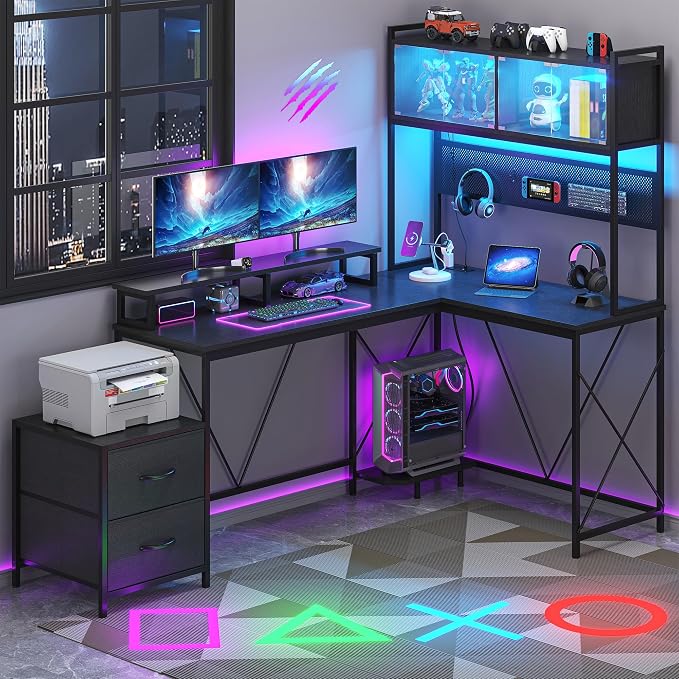 kepptory L Shaped Gaming Desk with 2 Drawers and Hutch, Home Office Computer Desk with Computer Stand and Pegboard, Corner Desk with Printer Desktop&Power Outlet, Black - Image 4