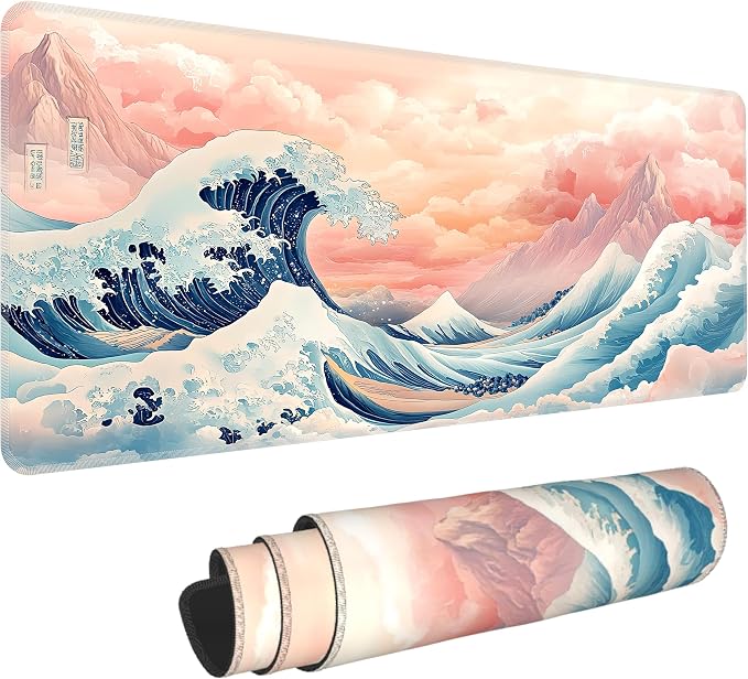 Japanese Sea Wave Desk Mat, XL 31.5"x11.8" Large Mouse Pad, Pink Clouds Extended Gaming Mouse Mat,Non-Slip Rubber Base Waterproof with Stitched Edges for Gaming Office Home Decor by Unknown