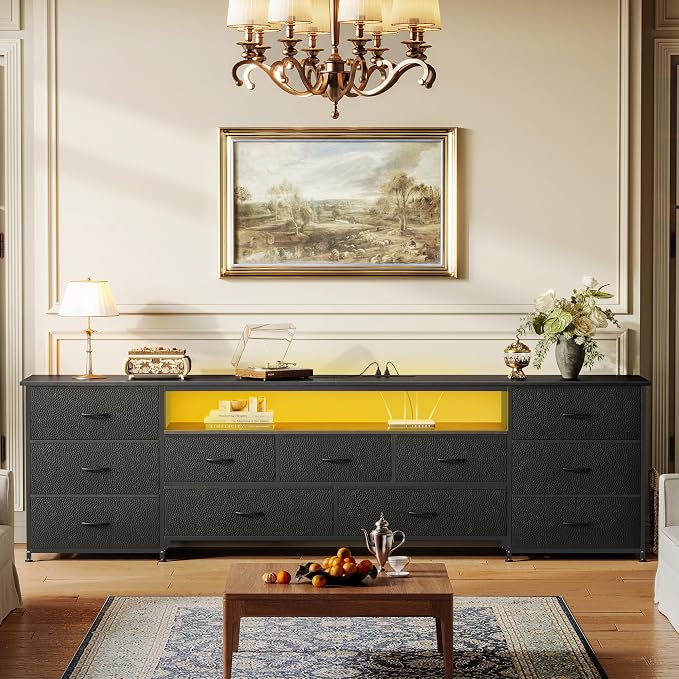 Huuger 78.7 Inch TV Stand for 75, 80 Inch TV, 11 Drawer Long Dresser with Power Outlets and LED Lights, Entertainment Center with Storage, Black Dresser with PU Leather Surface - Image 2