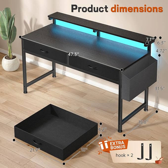DurayLoly 47.3" Office Computer Desk with LED Lights &2Fabric Drawers,Black - Image 3