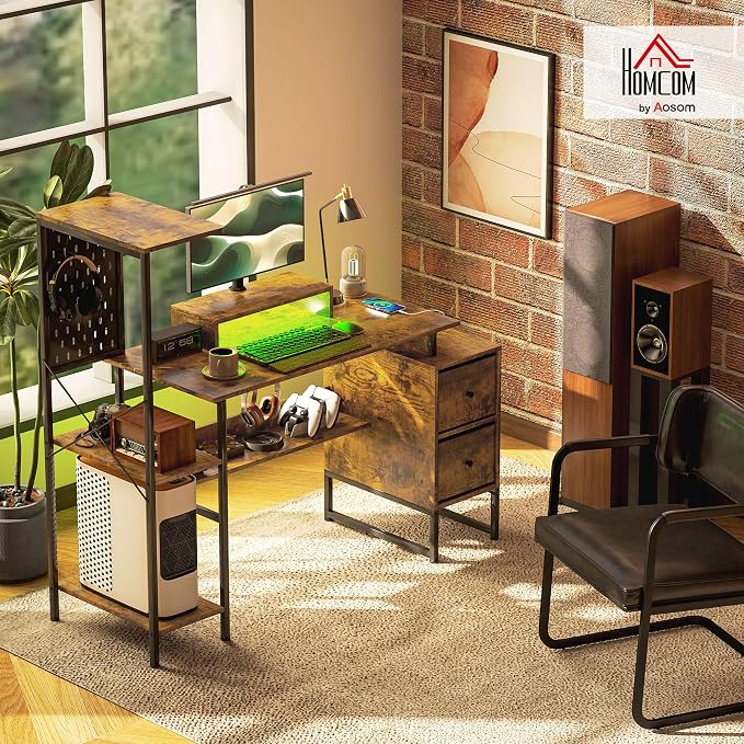 HOMCOM 56" Gaming Desk Monitor Stand Power Outlets LED Lights, Rustic Brown | Computer Desk, Storage Shelves, Fabric Drawers, 2 CPU Stands, Pegboard, Home Office - Image 2