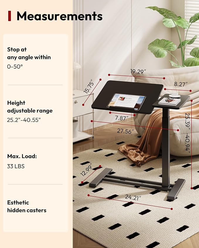 SANODESK 28''Overbed Table Gas Spring Lifting with Wheels&Tilting Desktop - Image 3