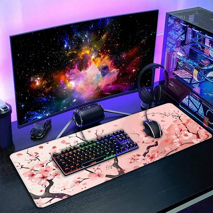 Pink Cherry Blossom Desk Mat, XXL 35.4"x15.7" Large Mouse Pad, Cute Sakura Extended Gaming Mouse Mat,Non-Slip Rubber Base Waterproof with Stitched Edges for Gaming Office Home Decor - Image 7