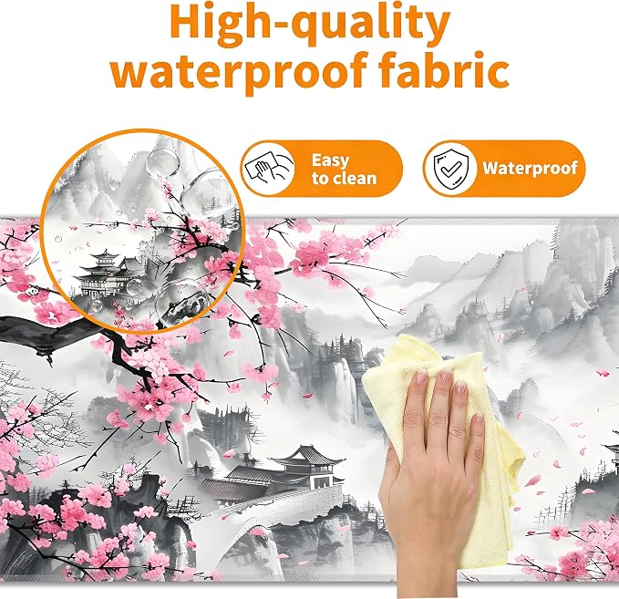 Japanese Watercolor Cherry Blossoms Desk Mat, XXL 35.4"x15.7" Large Mouse Pad, Pink Sakura Extended Gaming Mouse Mat,Non-Slip Rubber Base Waterproof with Stitched Edges for Gaming Office Home Decor - Image 4