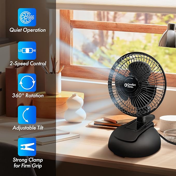 Comfort Zone CZ6XMBK 6” 2-Speed Combo Clip or Desk Fan with Removable Base, Strong Clamp for Firm Grip, Suitable for Bedroom, Office, or Dorm Room, Black - Image 3