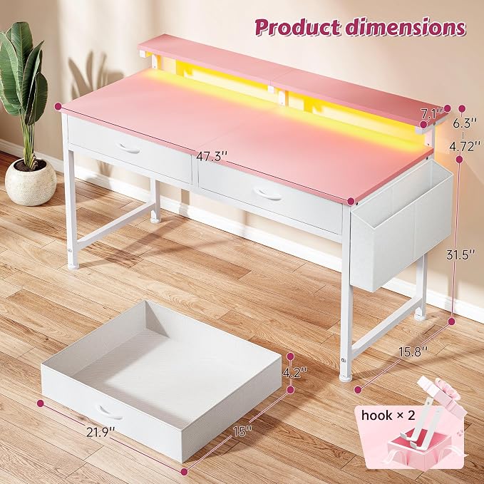 DurayLoly 47.3” Office Computer Desk with LED Lights&2 Fabric Drawers,Pink - Image 3
