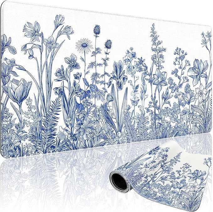 Large Gaming Mouse Pad Desk Mat 31.5"x15.7" Non Slip Blue Floral | Extended Mousepad, Non-Slip Rubber Base , Stitched Edges, for Computer/Laptop/Office/Home by Mcapirivo