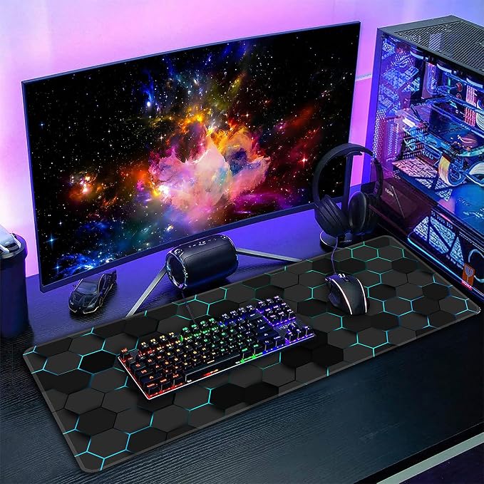 Blue Hexagon Honeycomb Desk Mat, XXL 35.4"x15.7" Large Mouse Pad, Geometric Extended Gaming Mouse Mat,Non-Slip Rubber Base Waterproof with Stitched Edges for Gaming Office Home Decor - Image 7