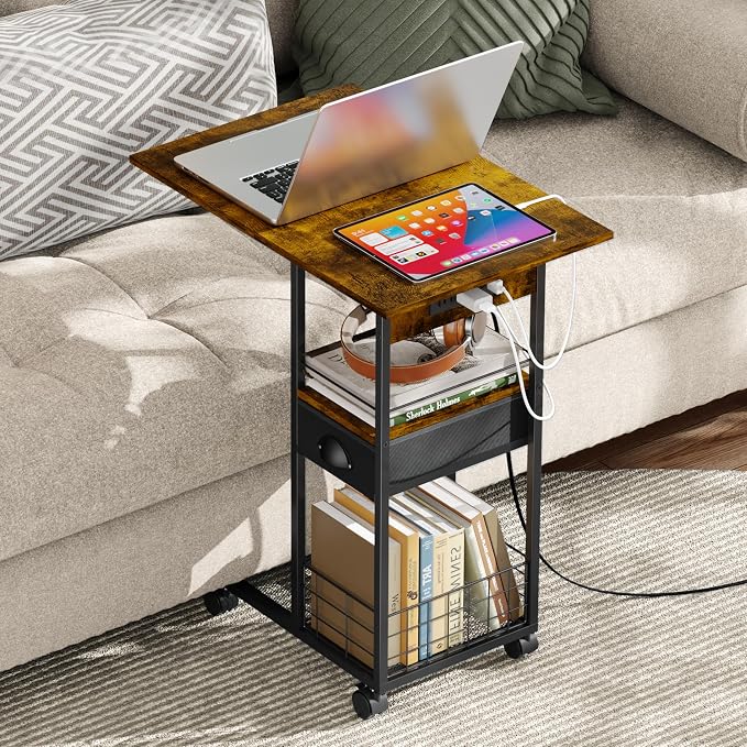 Rolling C-Shaped Side Table with Charging Station, Night Stand with Type-C & USB Port and Outlet for Bedroom, Spacious Coffee Table with Wheels for Living Room, Home Office, Small Space(Large Desktop) - Image 9